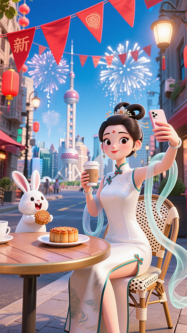 现代城市里，嫦娥和玉兔正在过中秋节，享受科技带来的便捷