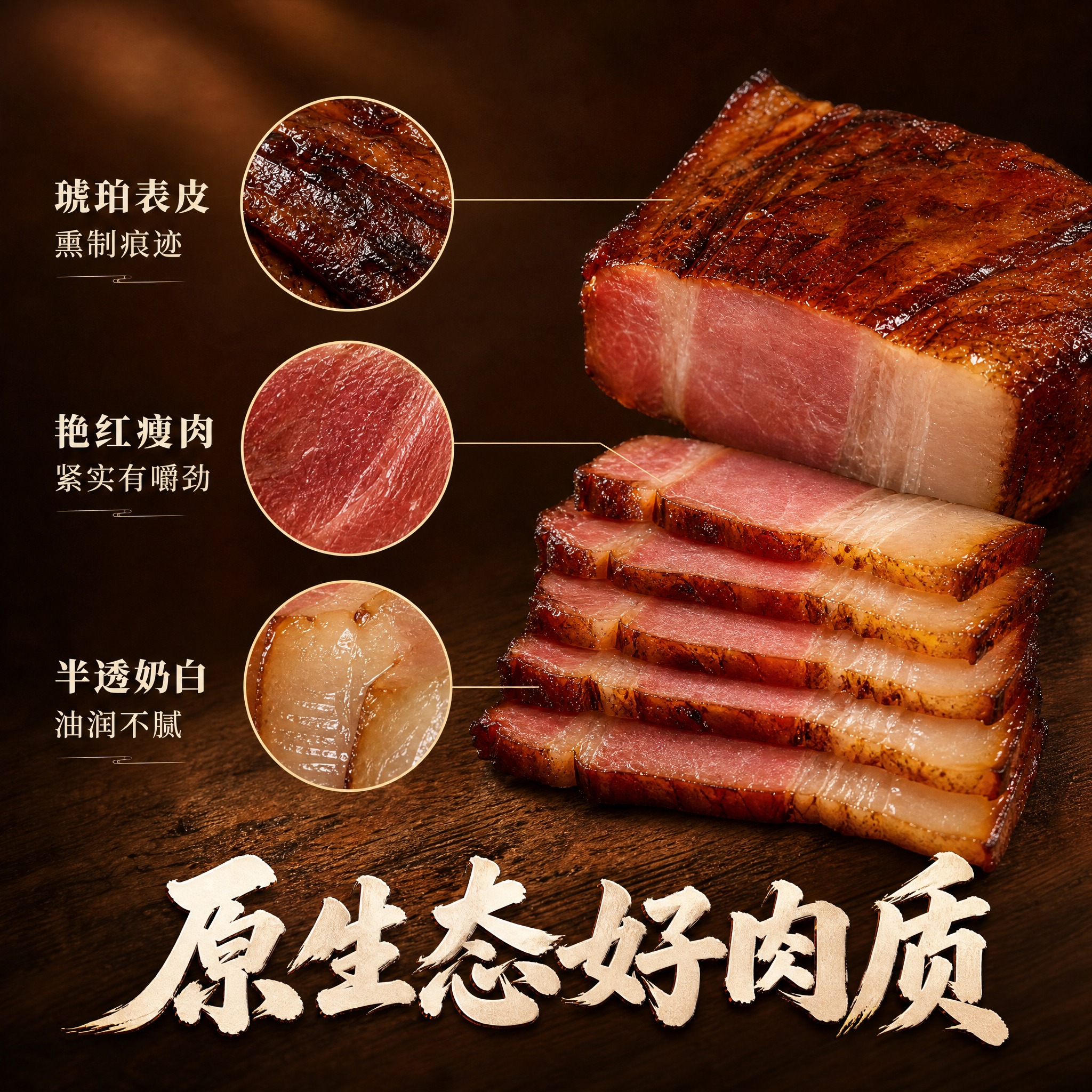 [主图-2] 川味腊肉品质细节卖点图，展示三大核心肉质特点，建… - 图片创意预览