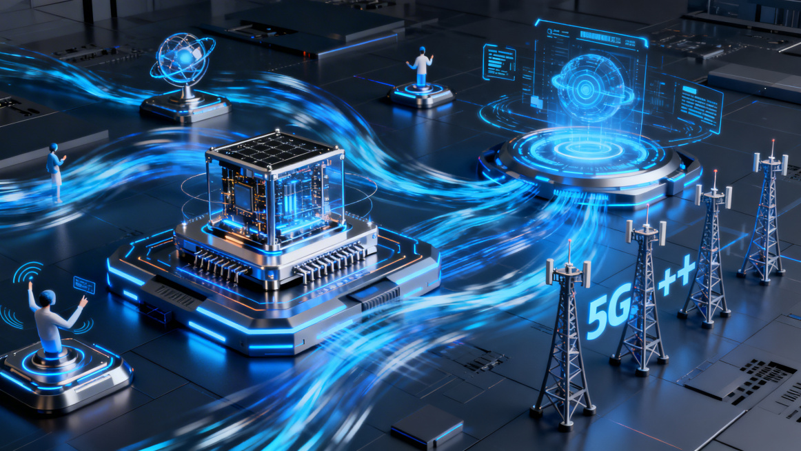 未来信息领域PPT配图，画面展现量子计算机、元宇宙虚拟交互场景、5G+基站阵列，数据流以蓝色光效形式穿梭，充满前沿科技氛围预览效果