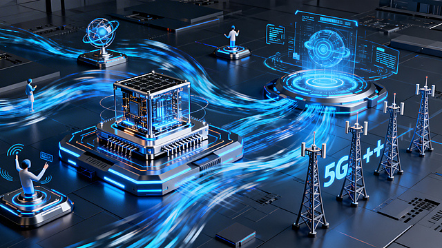 未来信息领域PPT配图，画面展现量子计算机、元宇宙虚拟交互场景、5G+基站阵列，数据流以蓝色光效形式穿梭，充满前沿科技氛围