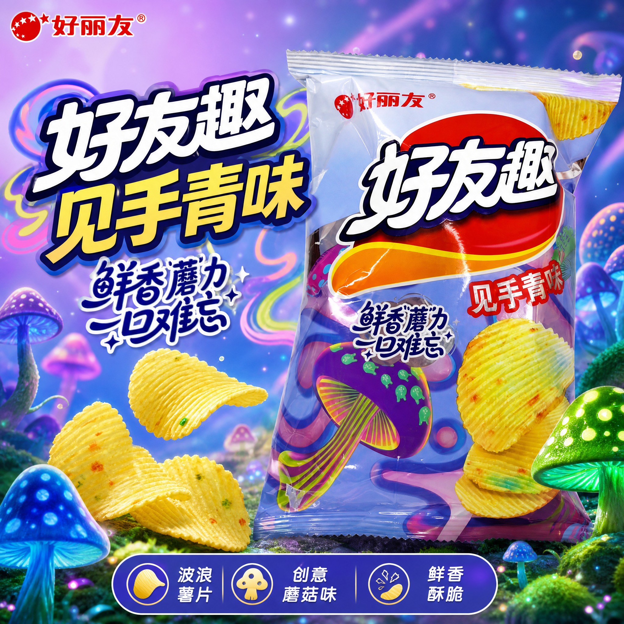 [主图-9] 好友趣见手青味薯片电商主图，突出鲜香蘑菇风味与创… - 图片创意预览