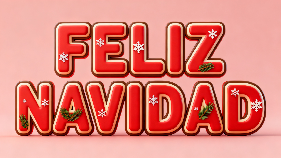 干净的浅红色背景。3D艺术字体设计，11个主体文字 "FELIZ NAVIDAD"，所有文字单行横向排列，圣诞节喜庆风格，厚重圆润的立体无衬线字形，正面平整，边缘带有倒角，融入圣诞雪花和松枝细节到笔画预览效果
