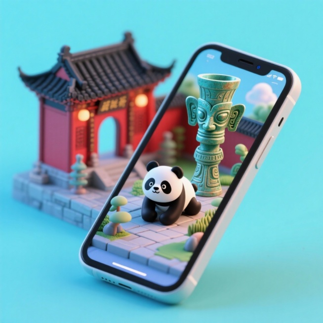 一个手机创意微缩场景，手机平放，侧面对着观众，手机俯视角度，立体的成都景观从屏幕内出来，有熊猫，三星堆，武侯祠，整体色调立体魔幻。青色背景。具有梦幻感,打光营造出柔和氛围强调梦幻和未来感的美学。预览效果