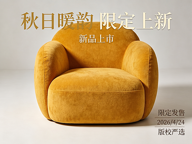 在这张姜黄色单人沙发图上添加广告语：主标题"秋日暖韵 限定上新"，同时加上文字"新品上市"、"限定发售"、"2026/4/24"和"版校严选"，保留原沙发的质感和造型，保持整体简约高级的商品展示风格