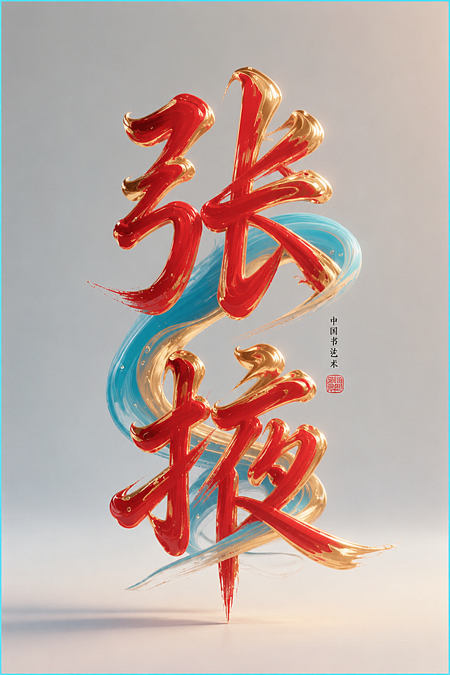 将图片中的文字"芳华"修改为"张掖"，保持原有的红金青渐变流体艺术字风格，保持背景和其他元素不变