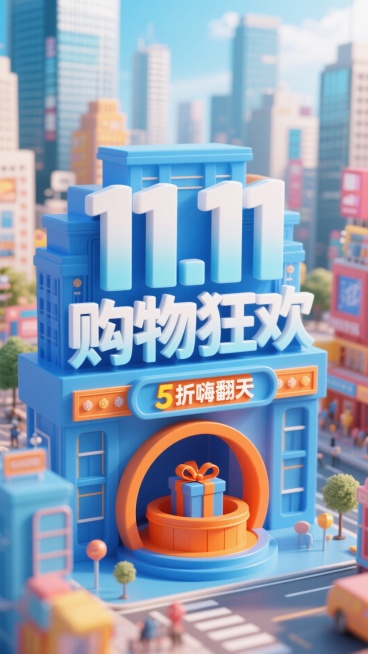 以蓝色为主色调，前景是立体字组成的醒目建筑， “11.11购物狂欢” 立体大字（白与浅蓝渐变，配装饰）及下方 “5 折嗨翻天” 横幅；中间有橙色圆形装置（内有礼物）；背景是繁华都市预览效果