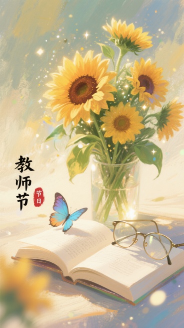 您需要生成一张8K分辨率的教师节海报，风格为温馨扁平插画风格，采用中心构图，包含向日葵花束、打开的书本（米白色书页、纸张肌理）、彩色蝴蝶（淡蓝色翅膀）、金属框眼镜、绿色茎叶等元素，色调为暖黄色，有柔和预览效果