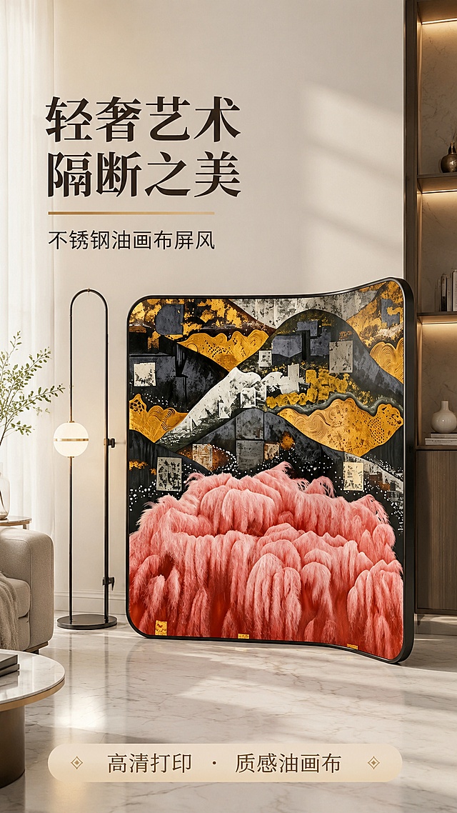 [第1屏] 详情页头图-轻奢艺术不锈钢屏风产品宣传。本屏使用【图2】作为商品主体，展示屏风在客厅场景全貌。
[氛围/风格] 高级轻奢海报风，暖米色背景，柔和高级光影，商业摄影质感，艺术氛围感拉满。
[元素布局] 屏风放置于画面中心偏右位置，占比约65%-70%；左侧预留主标题区域，背景为浅奶咖色现代客厅墙面，地面为浅灰色大理石，搭配一盏同风格落地灯，产品框架、图案结构、颜色与输入产品图完全一致，保持波浪弧形造型不变。
[光影质感] 左侧自然柔光照射，右侧柔和补光，地面有自然投影，产品金属边框和油画布纹理清晰，明暗层次丰富。
[配色色系] 全局底色 #F5F1EB；主色暖米浅咖；辅助色黑金撞色，粉色图案点缀。
[视角构图] 正面平视，产品为绝对视觉中心，阅读动线左上标题 → 中心产品 → 底部信息。
[文字版式] 左上主标题 "轻奢艺术 隔断之美"，副标题 "不锈钢油画布屏风"，简洁现代字体左对齐；底部信息条标注 "高清打印 · 质感油画布"；文字不遮挡产品主体，清晰可辨。
[比例分辨率] 9:16 竖版比例，4K 分辨率，文字清晰可辨，高清画质。
[负向提示词] 产品变形，颜色偏差，结构错误，缺件错件，水印，文字错乱，产品模糊，背景杂乱。