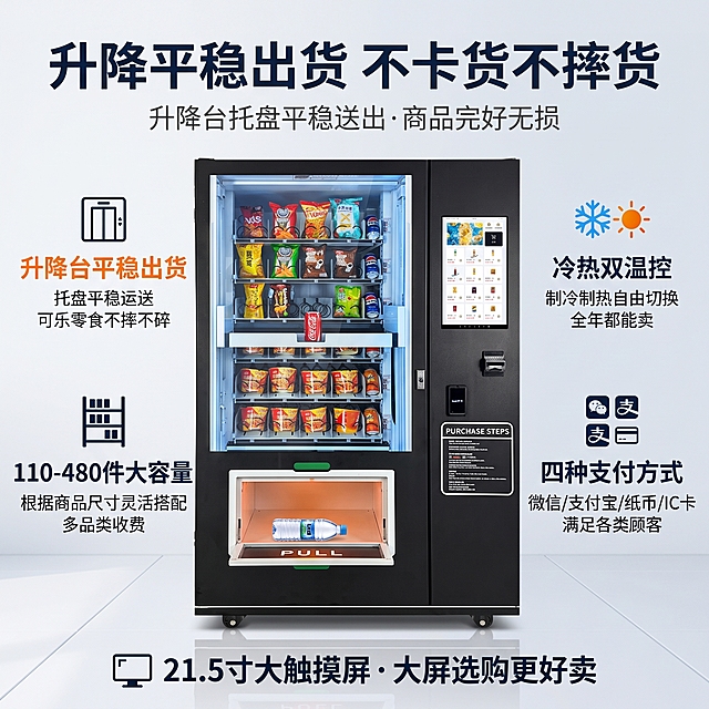 [主图-2] 升降款制冷售货机核心功能图，浅灰白背景，突出升降台出货与冷热双温控，全中文。
[氛围风格] 高端商务科技风，黑色机身配银灰色边框，商业摄影质感；
[画质] 商业摄影质感、光线精致通透、功能效果清晰、产品真实、画面干净高级。
[元素] 画面中央放置升降款制冷售货机，正面视角，黑色机身配银灰色金属边框，左侧大透明展示窗内6层货架摆满商品，展示窗内可见升降台缓缓升起接住一瓶饮料的画面（静态展示），右侧21.5寸触摸屏亮起显示选购界面，底部PULL取货门打开露出商品。保持售货机外观（即物理结构、材质质感、黑色机身、银灰色边框、透明展示窗、6层货架、升降台机构、21.5寸屏幕、支付区、取货门、底部万向轮）与输入产品图一致，杜绝变形色差。机器放置在浅灰白色反光地面上。背景为浅灰白色渐变，干净简洁，突出机器。画面四周有功能图标和文字说明，全中文。
[光影] 主光从前方精致照射，黑色机身有细腻高光；展示窗内有内部灯光和冷色氛围光，突出制冷效果；21.5寸屏幕发出明亮彩光；取货门内有暖光；整体光影对比强烈，功能效果清晰，浅白背景突出黑色主体。
[配色] 主色浅灰白 #F5F5F5；辅色黑色机身、银灰色边框、蓝色冷光/橙色暖光、深蓝色标题文字；科技感强，机器突出。
[视角构图] 正面微仰视角度，机器位于画面中央，完整显示不裁切，四周留出文案和图标空间，景深中等，浅白背景简洁有力地突出主体。
[文字版式] 文案分布在画面四周，大字号突出重点，全中文：
1. 顶部大标题"升降平稳出货 不卡货不摔货"，深蓝色超粗体超大号字，非常醒目；
2. 副标题"升降台托盘平稳送出 · 商品完好无损"，深灰色大号字；
3. 四个核心功能图标+文字环绕机器排列，文字大：
   - 左上："升降台平稳出货"配升降图标，橙色粗体大标题+灰色小字"托盘平稳运送 可乐零食不摔不碎"；
   - 右上："冷热双温控"配雪花/太阳图标，蓝色粗体大标题+灰色小字"制冷制热自由切换 全年都能卖"；
   - 左下："110-480件大容量"配货架图标，深蓝色粗体大标题+灰色小字"根据商品尺寸灵活搭配 多品类收费"；
   - 右下："四种支付方式"配支付图标，深蓝色粗体大标题+灰色小字"微信/支付宝/纸币/IC卡 满足各类顾客"；
4. 中间偏下位置一行大字"21.5寸大触摸屏 · 大屏选购更好卖"，深蓝色粗体大字，配屏幕图标。
所有文字字号都很大，重点突出，清晰可读，层级分明，不遮挡机器主体，全中文无英文。
[输出要求] 1:1比例，文字清晰锐利，超高清商业摄影质感。
[负向提示词] 英文，变形，文字错乱，产品图模糊，背景杂乱，水印，电商平台Logo，机器变形，颜色偏差，机器裁切不完整，人物面部。