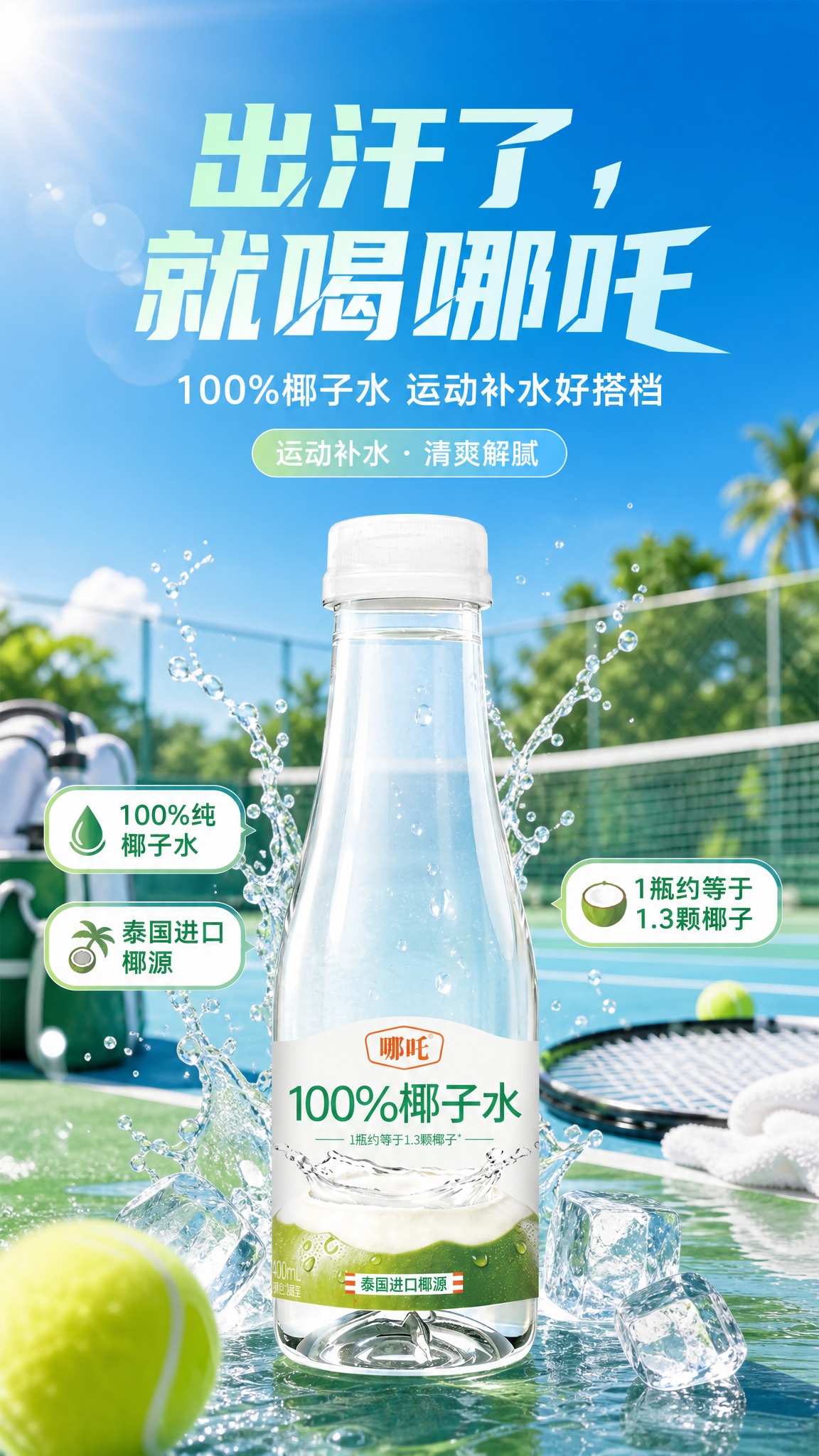 基于上传的哪吒100%椰子水产品图，制作一张运动补水主题的饮料… - 图片创意预览
