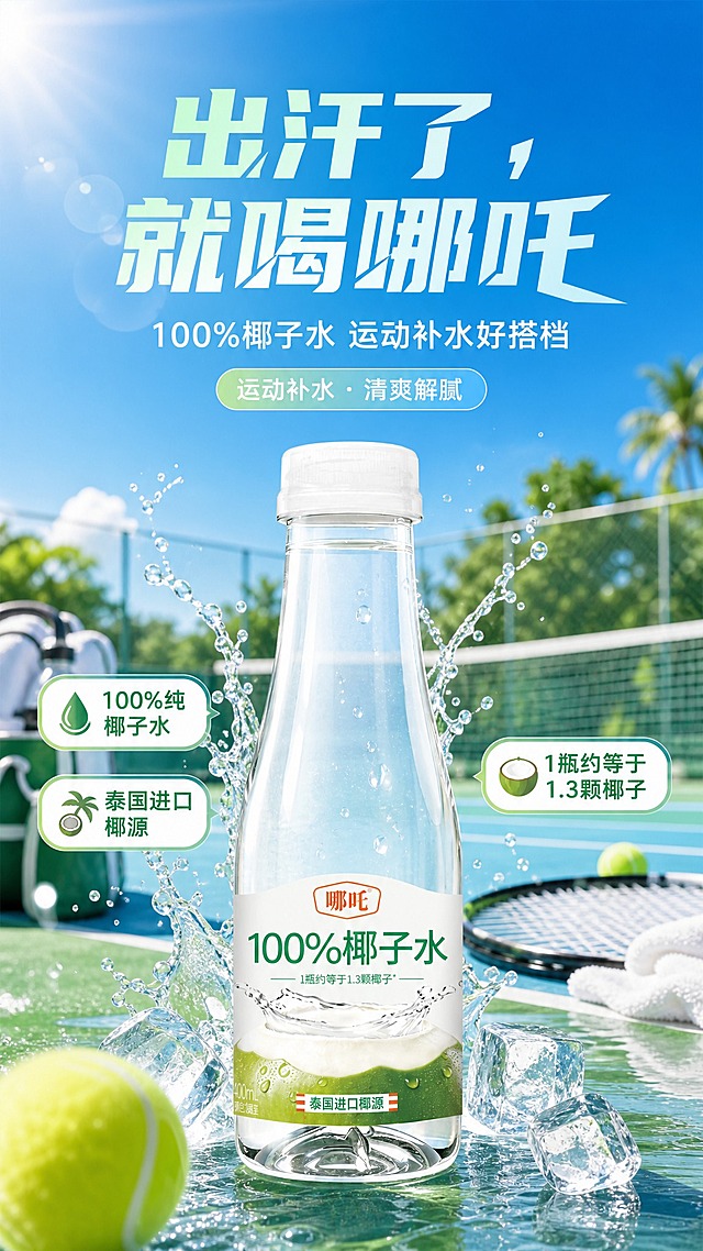基于上传的哪吒100%椰子水产品图，制作一张运动补水主题的饮料宣传海报。产品为透明瓶装椰子水，白色瓶盖，标签上有红色"哪吒"logo和绿色"100%椰子水"文字，瓶身下半部分有青椰子图案。

【产品保真硬约束】
哪吒100%椰子水瓶100%还原上传商品图的产品外形、包装、LOGO、印刷文字、净含量，以上传图为唯一商品主体来源，完整保留原图中的瓶型、轮廓、结构、比例、瓶盖、标签版式、品牌logo、口味文字、容量信息、材质质感、颜色与正面朝向，包装、配色、产品结构、瓶身造型与标签布局均与上传图保持一致；正面朝向以品牌与标签主要信息清晰可读为准；设计仅作用于背景、光影、道具、版式和文字区；商品主体占比55%～75%，文字不遮挡主体。

【画面整体风格】
写实商业摄影风格，运动场景，清爽阳光，夏日活力感，蓝绿清透色调，高饱和度，年轻动感。

【场景与构图】
背景为户外网球场/运动场场景，蓝天阳光，绿色运动场地，有网球、球拍等运动元素作为点缀，营造运动后补水的场景氛围。产品瓶身位于画面中下部，居中偏下放置，瓶身周围有水花飞溅和冰块点缀，增强清凉感。前景有虚化的运动道具增加景深。

【文字内容（必须完整呈现）】
1. 主标题（分2行，位于画面上方，大字醒目）：
第一行："出汗了，"
第二行："就喝哪吒"
【字体设计硬要求】主标题采用潮流设计感字体，笔画有明显的粗细节奏变化和结构设计，部分笔画做创意断开或几何化处理，整体风格年轻潮流有个性。字体颜色有渐变变化（从青绿色到浅蓝色或白色到淡青色的柔和渐变），清新有层次。文字投影非常轻、非常淡，几乎不可见，不要厚重的阴影，以轻盈通透为主。字体风格贴合椰子水清爽、运动、年轻的品牌调性。
2. 副标题（主标题下方，较小字号，简洁现代无衬线字体，白色或淡青色）："100%椰子水 运动补水好搭档"
3. 卖点标签（产品周围或下方，2-3个圆角短标签，标签内文字清晰易读）：
- "100%纯椰子水"
- "泰国进口椰源"
- "1瓶约等于1.3颗椰子"
4. 辅助小标签："运动补水 · 清爽解腻"

【版式要求】
版式精美，主标题上置居中，产品主体居中偏下为视觉焦点，卖点标签分布在产品两侧或下方，四周留足安全边距，文字不贴边。整体层次分明，信息层级清晰。

【光影与氛围】
顶部自然光+侧前方柔光，瓶身有通透的高光和水珠质感，阴影柔和自然，整体明亮清爽，充满夏日运动活力。

【数字精确约束】
画面中所有数字必须精确渲染，不得错位、遗漏或编造，包括"100%""1.3"等数字。

【内容填充约束】
画面中所有信息区域、卖点标签等必须填充完整合理的内容，不得出现空白框、空白占位、横线待填写区域、空列表项、空单元格。