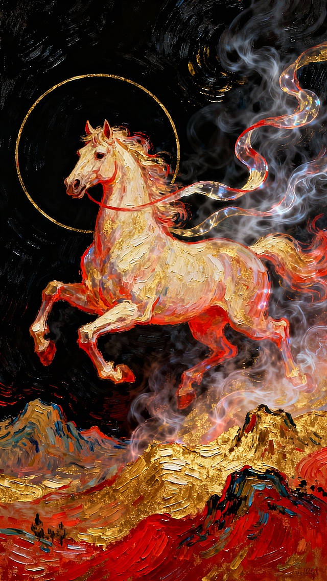 鎏金骏马踏云而行，头戴神圣光环，厚涂笔触交织油画质感，红金山峦间弥漫梦幻烟雾，超现实主义演绎神秘唯美的东方诗意。