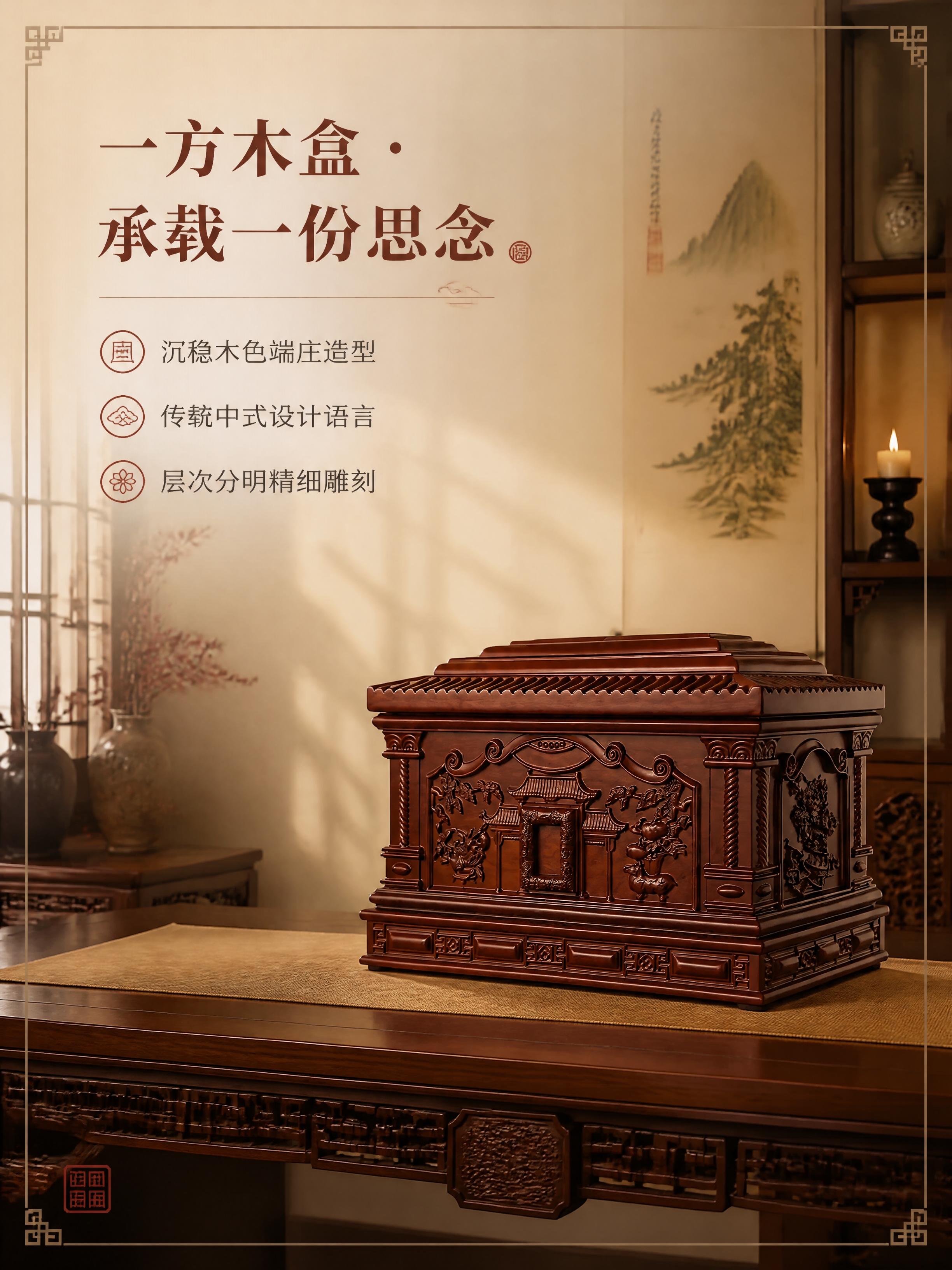 [商品] 使用【图2】祥庭福韵古夷苏木实木骨灰盒斜侧面图；保留… - 图片创意预览