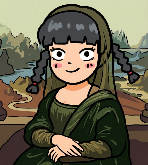 将图中人物改为平面卡通画版本的蒙娜丽莎的微笑，保留人物面部特征的同时呈现蒙娜丽莎的经典姿态与微笑预览效果