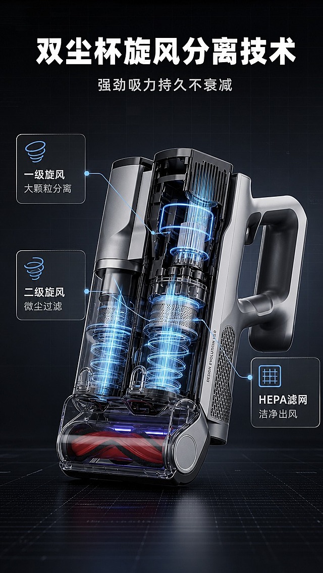 [商品] 使用【图1】高级智能无线吸尘器；保留双尘杯透明结构、银灰色金属机身、整体比例和外观材质；做半剖面/爆炸效果展示内部旋风结构，外壳保留原貌，内部结构可视化，不改变外部轮廓和颜色。
[画面] 目标：第4张核心技术原理，拆解双尘杯旋风分离技术。爆炸/剖面型版式；产品位于画面中央，做纵向半剖视效果，双尘杯内部旋风气流用发光线条可视化呈现；左右两侧用引线标注核心部件；背景为深色科技空间，带微弱网格线；产品占画面约60%，剖面结构清晰可见。
[视觉] 套系策略：风格=高级科技感商业摄影+3D渲染质感；标题字=现代无衬线粗黑体；正文字=简洁无衬线中黑体；主色=银灰色；背景延展=深炭灰到黑色渐变、科技网格底纹、同色系深浅层级；强调色=冰蓝色，用于气流光效、引线和技术标签；标题色=纯白色；正文色=浅冷灰色；组件=半透明圆角技术卡、发光引线、冰蓝色图标；光影=冷调侧光，剖面内部带自发光效果。
[文字] 顶部主标题「双尘杯旋风分离技术」（9字），副标题「强劲吸力持久不衰减」；3个技术标注点：「一级旋风 大颗粒分离」「二级旋风 微尘过滤」「HEPA滤网 洁净出风」；文字全部横向排版，引线标注清晰，不遮挡核心结构。
[规格] 图片比例9:16竖版，4K分辨率，淘宝/天猫平台适配；负向提示：避免变形、外部结构改变、颜色偏差、文字竖排、文字过小、暖色调、极限词、虚构参数。
