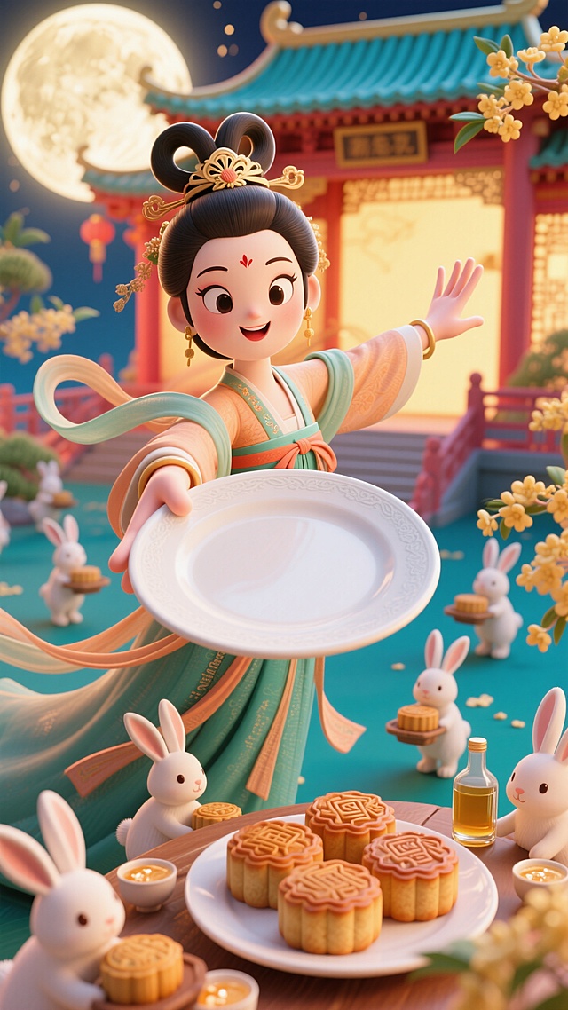 嫦娥左手端着一个空盘子冲向镜头伸手，右手向后，双手纵向打开形成动态感，盘子为视觉中心焦点正对镜头。身边一群兔子正在搬运月饼和桂花酒，背景是月宫宫殿内部，特写，暖色调