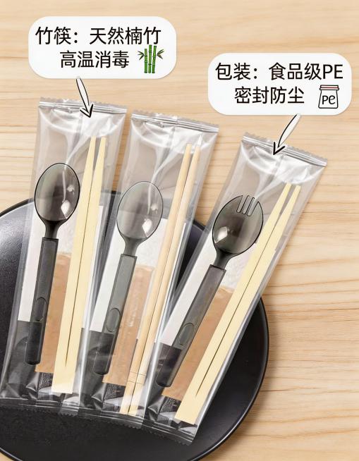 一次性筷子四件套材质说明图，小清新风格，浅木色背景，分别标注竹筷（天然楠竹 高温消毒）、勺叉（食品级PP 耐温无异味）、包装（食品级PE 密封防尘），搭配材质小图标，文字清晰，字体用圆体，突出材质安全预览效果