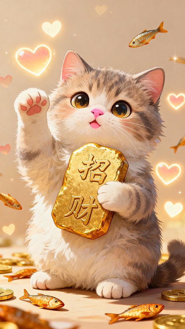 可爱的猫咪做出“招财”的动作，比如举着一只爪子（模仿招财猫），或者抱着一块比自己还大的金币。背景可以充满小鱼干和爱心。