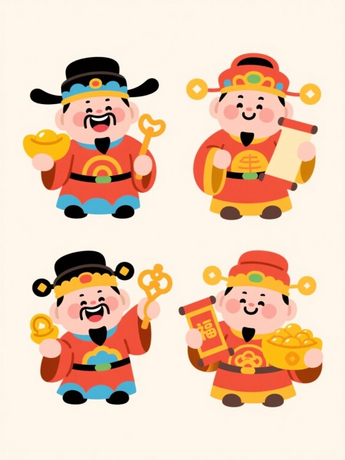 四个不同动作和表情的财神元素，采用中国传统吉祥人物风格，圆润可爱的卡通造型，线条简洁流畅，色彩鲜艳明快。财神们身着传统官袍，头戴乌纱帽，面部表情各异，有的笑容满面，有的和蔼可亲，有的喜庆洋洋。他们手持不同的吉祥物品，如金元宝、如意、福字卷轴和聚宝盆。整体排列为上下两行对齐，背景为浅色，突出财神主体形象，充满节日喜庆氛围和吉祥寓意。预览效果