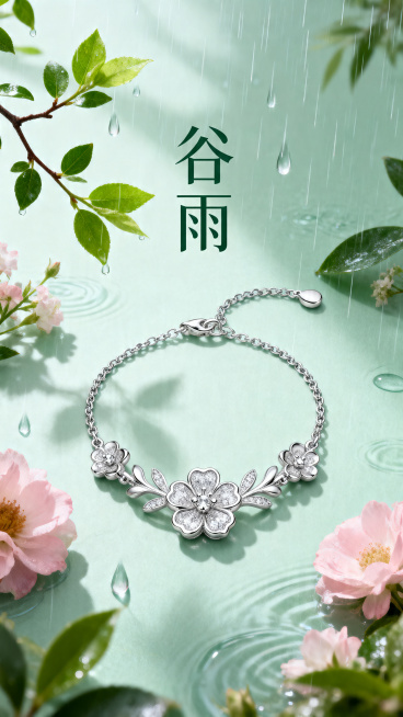 谷雨节气宣传海报，整体风格清新雅致，结合谷雨时节雨水、新绿、花卉等自然元素，海报中心展示一款精致的铂金花型套链珠宝首饰，搭配文字“谷雨”，整体构图协调，适合商业宣传使用预览效果