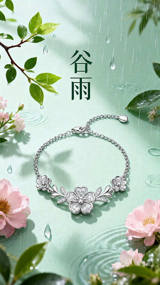 谷雨节气宣传海报，整体风格清新雅致，结合谷雨时节雨水、新绿、花卉等自然元素，海报中心展示一款精致的铂金花型套链珠宝首饰，搭配文字“谷雨”，整体构图协调，适合商业宣传使用