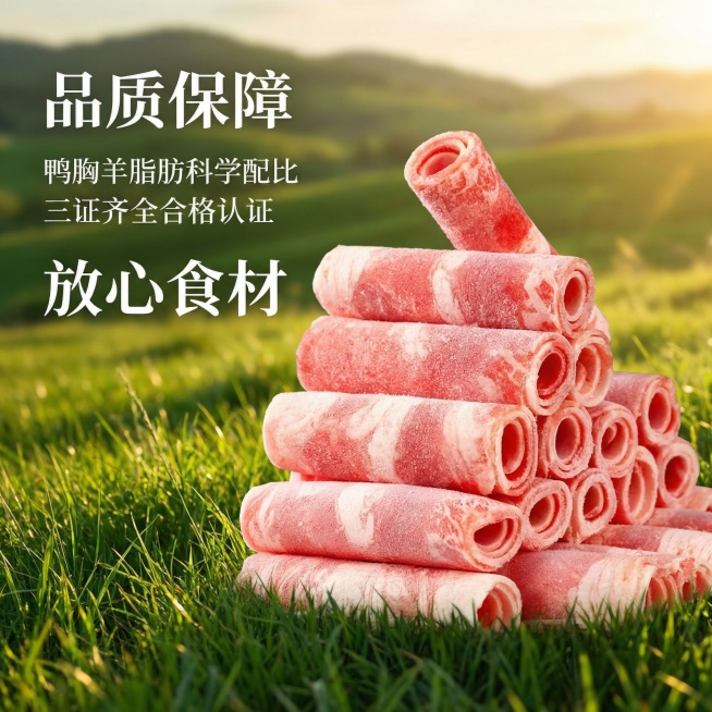 [主图 2 核心卖点与信任背书] 展示风味羊肉卷核心优势，整体风格和第一张保持统一，主体依然是保持原图外观100%一致的风味羊肉卷堆放在中心，背景融入牧场青草地自然氛围，自然暖逆光突出肉质新鲜纹理。画预览效果