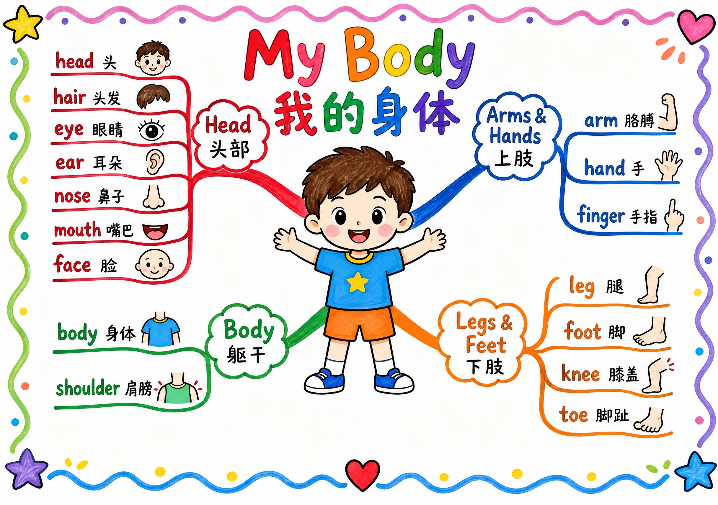 一张三年级上册英语思维导图手抄报，主题为"My Body 我的… - 图片创意预览