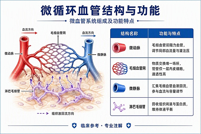 医学科普专业海报，微循环血管结构功能示意图，A4横版构图。顶部居中大标题"微循环血管结构与功能"，副标题"微血管系统组成及功能特点"。画面主体为左右布局：左侧为一幅完整的微循环血管系统解剖示意图，右侧为专业对比表格。

左侧示意图：展示微动脉→毛细血管网→微静脉的完整血流回路，旁边伴行淋巴毛细管，用箭头标示血流方向和组织液回流方向，各结构用引线标注名称。图像清晰专业，医学插画风格，红色表示动脉、蓝色表示静脉、淡紫色表示淋巴管。

右侧表格：两列表格，表头从左到右："结构名称"、"功能与特点"。表格共4行数据。
第1行：结构名称"微动脉"，功能与特点"毛细血管前阻力血管，调节局部血流量与灌注压"。
第2行：结构名称"毛细血管网"，功能与特点"物质交换唯一场所，管壁仅一层内皮细胞，通透性高"。
第3行：结构名称"微静脉"，功能与特点"汇集毛细血管血液回流，参与血流与容量调节"。
第4行：结构名称"淋巴毛细管"，功能与特点"回收组织间液与蛋白质，维持体液平衡"。

整体风格：医学专业科普风，白色背景，蓝色主色调（标题、表头、图标），红色表示动脉、蓝色表示静脉、淡紫色表示淋巴管。表格线条清晰工整，文字排版专业。底部标注"临床参考 · 专业注解"。版式精美，信息层次分明，四周留安全边距。

画面中必须完整呈现以上所有文字信息，所有结构名称和功能描述必须精确渲染，不得错位、遗漏或编造。画面中所有表格单元格必须填充完整合理的内容。
