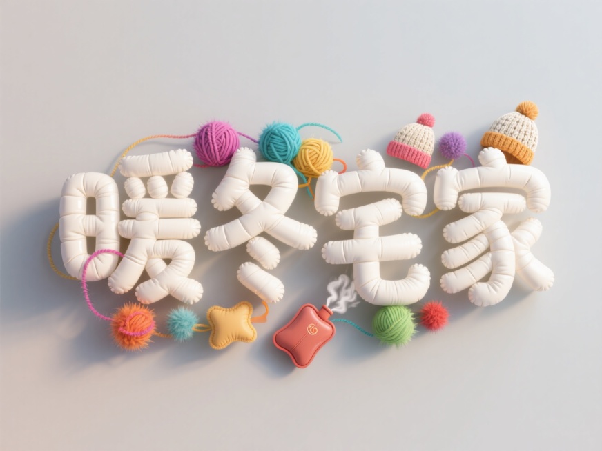 “暖冬宅家” 充气羽绒服样式字体，字体上装饰彩色毛线团、热水袋、针织帽等彩色小元素，字体米白色，背景为柔和的浅灰色预览效果