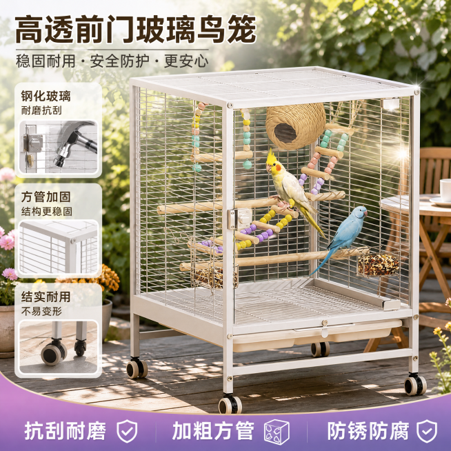 高透前门玻璃鸟笼，展示钢化玻璃耐磨损特性和方管加固结构，突出结构结实耐用，户外休闲场景，适配抖音电商主图预览效果