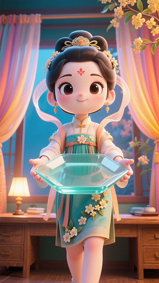 Q 版嫦娥拟人（穿着改良版广袖短襦，点缀桂花）双手捧着玻璃质感的巨大方形盘子伸向前面，人物看向前方，强烈的仰视透视感，广角镜头，半身近景特写，背景是摆着灯的原木书桌与飘着的纱帘