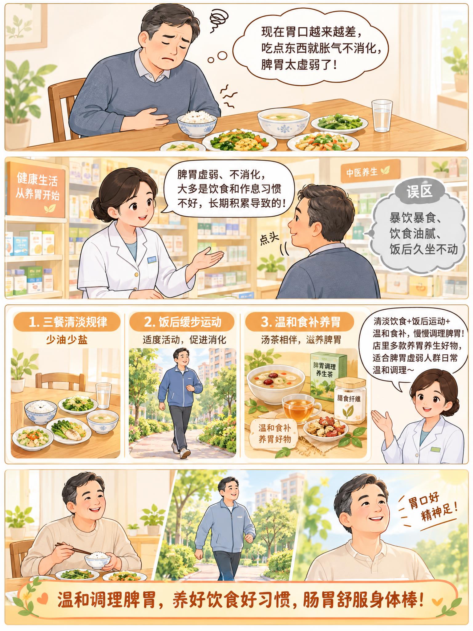 一张竖版四格科普漫画，国产通俗中老年科普卡通画风，温润暖色调，… - 图片创意预览