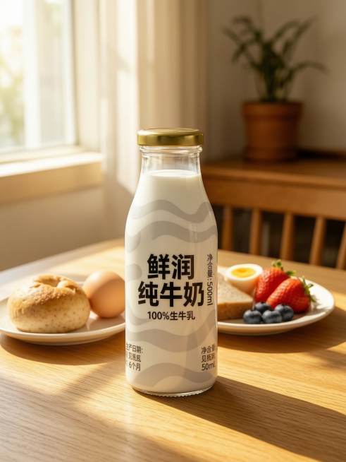 将纯牛奶玻璃瓶放在图片2参考的木质早餐桌面场景中，参考图2的暖光窗边风格，相似度50%，生成3:4比例的4K高清商品场景图，保留鲜润纯牛奶玻璃瓶原有内容预览效果
