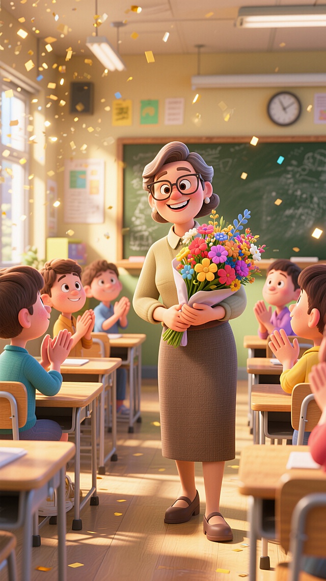 软3D风卡通教室，老师手捧鲜花，学生鼓掌，喜庆温馨，庆祝教师节。