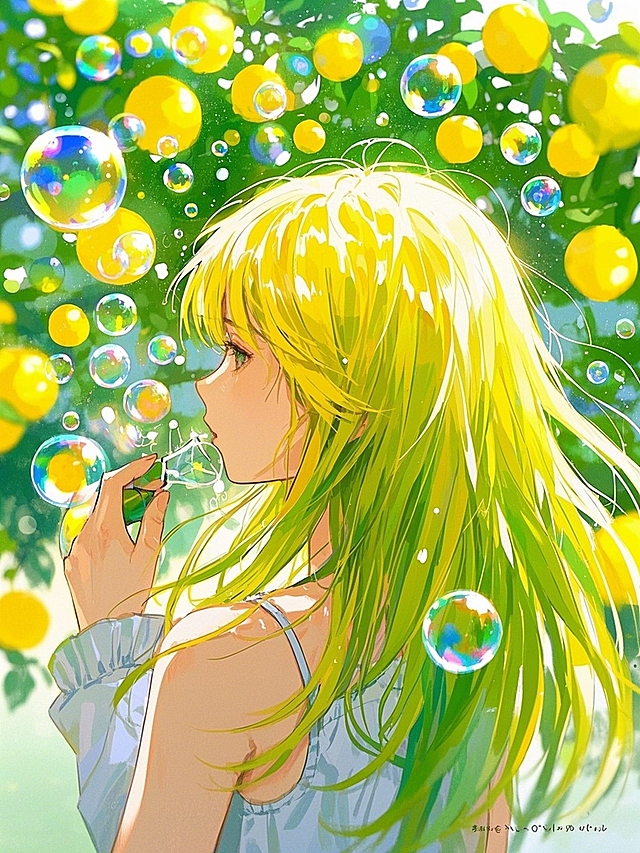 夏日黄绿色的柠檬清新怡人，黄绿色渐变长发的女生在吹着泡泡