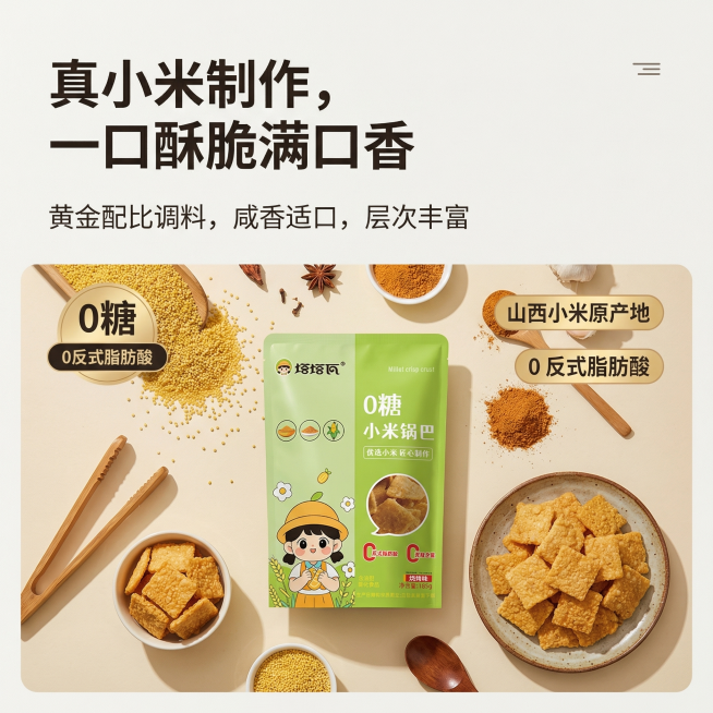 参考提供的排版参考风格，为塔塔瓦烧烤味0糖山西小米锅巴设计高级感电商详情页：排版为文字区在上半部分，产品主体区在下半部分的黄金分割布局，锅巴包装袋放在画面视觉中心，搭配烧烤调料和拆开的锅巴做场景烘托，预览效果