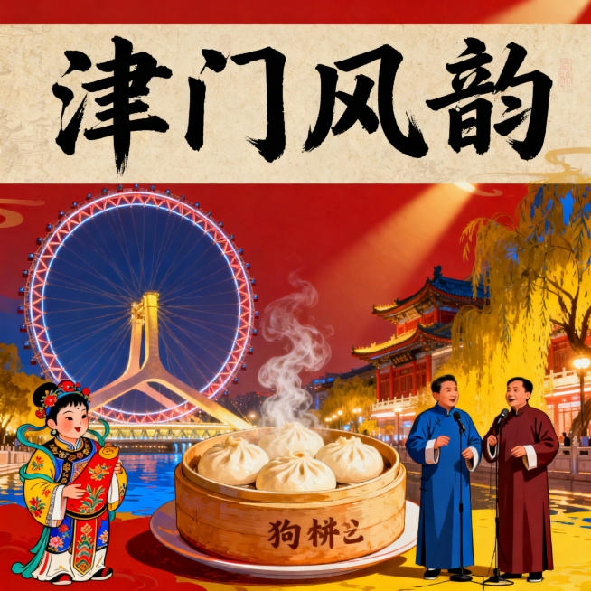 天津文化主题海报，融合天津之眼、狗不理包子、杨柳青年画、相声元素，体现津门地域特色，整体风格传统与现代结合，色彩浓郁有烟火气，画面上方有"津门风韵"四个书法字体预览效果