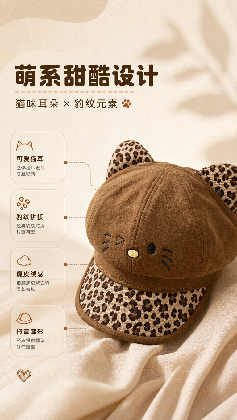 [商品] 使用【图7】棕色豹纹猫耳报童帽做产品主体；商品处理：… - 图片创意预览