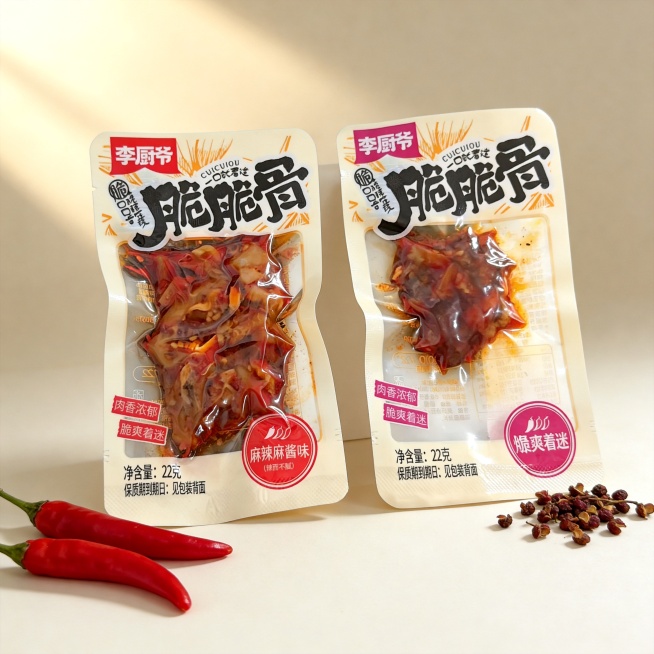 [主图-1] 李厨爷麻辣麻酱味脆脆骨休闲零食首图，热辣食欲风
[氛围风格] 脆爽诱人食欲感，真实零食实拍风格
[画质] 商业摄影质感，光线通透，产品清晰真实，画面干净高级
[元素] 画面居中展示李厨爷预览效果
