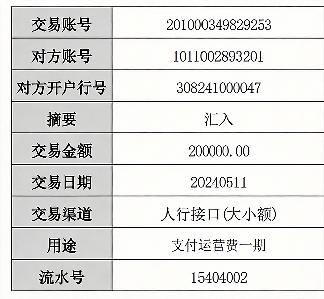 1、对方账号和开户行改 ：
账号1011002893201
开户行行号308241000047
2、用途
支付运营费一期
3、流水号：15404002