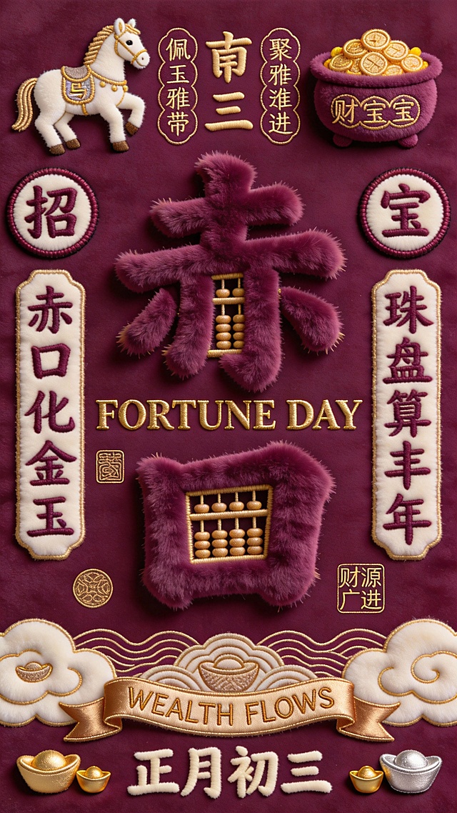 国潮风刺绣设计，融合毛发生长与浮雕质感，重拟物手法呈现中式喜庆元素，正月初三招财纳福主题，复古雅致。