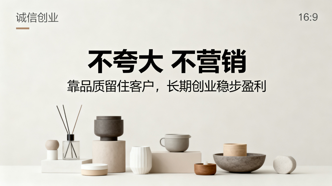 诚信创业海报，尺寸16:9，主标题文字"不夸大 不营销"，副标题文字"靠品质留住客户，长期创业稳步盈利"，主副标题分明居中，背景为极简纯色背景搭配品质好物展示，干净简约的产品陈列风格，低饱和莫兰迪配色预览效果
