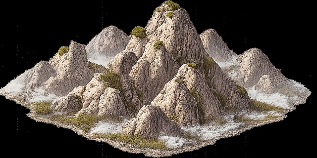 俯视45度像素画，远景连绵高山群，巍峨山石，山顶少量草木，硬像素统一3px深棕色轮廓，色彩略微偏浅做远景空气透视效果，透明PNG背景，独立景观摆件，放置在地图最外围边缘，不作为行走地形