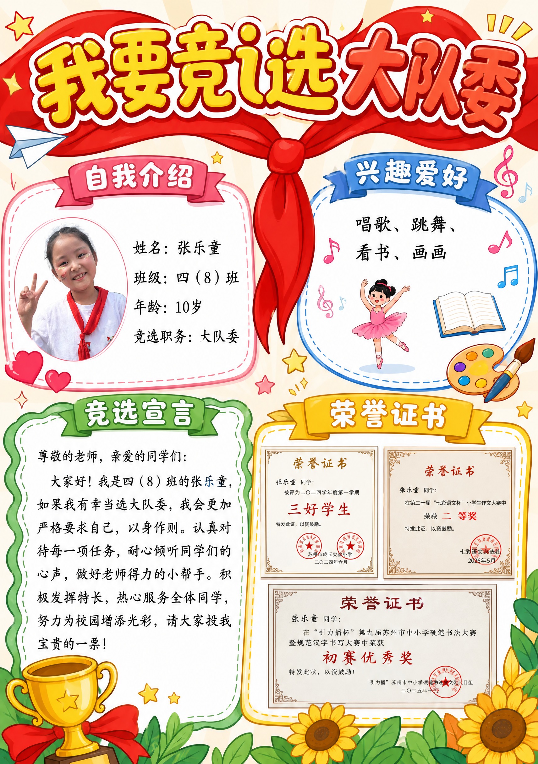 少先队大队委竞选海报，A3竖版，卡通手绘风格，活泼明亮，参考版… - 图片创意预览