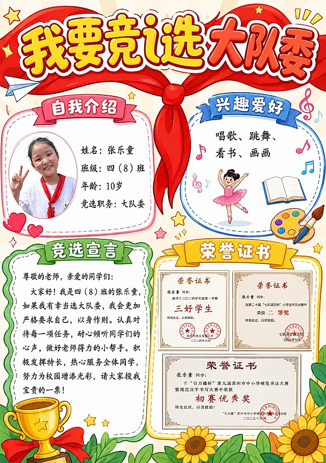 少先队大队委竞选海报，A3竖版，卡通手绘风格，活泼明亮，参考版式骨架：顶部大标题横幅+中间左右分栏+底部左右分块，红领巾红色主题，红黄主色调。

【顶部主标题区】：红色飘带横幅背景，上面写着超大卡通艺术字「我要竞选大队委」，字体圆润可爱带黄色描边，周围有小星星、纸飞机等小装饰。中间垂下一条红色的红领巾结装饰。

【左上板块 - 自我介绍】：粉色圆角边框的对话框形状，顶部有粉色飘带标签写着「自我介绍」。板块内左侧放一个圆形头像框（里面是穿白T恤戴红领巾的小女孩头像，比耶手势，脸上有亮片装饰），右侧文字：「姓名：张乐童」「班级：四（8）班」「年龄：10岁」「竞选职务：大队委」，字体工整清晰。板块周围有小爱心装饰。

【右上板块 - 兴趣爱好】：蓝色虚线圆角边框，顶部蓝色飘带标签写着「兴趣爱好」。内容文字：「唱歌、跳舞、看书、画画」，旁边配有音符、舞蹈小人、书本、画笔的可爱小图标。板块周围有音乐符号、调色盘等装饰。

【左下板块 - 竞选宣言】：绿色波浪边框，顶部绿色飘带标签写着「竞选宣言」。板块内完整呈现以下文字：
「尊敬的老师，亲爱的同学们：大家好！我是四（8）班的张乐童，如果我有幸当选大队委，我会更加严格要求自己，以身作则。认真对待每一项任务，耐心倾听同学们的心声，做好老师得力的小帮手。积极发挥特长，热心服务全体同学，努力为校园增添光彩，请大家投我宝贵的一票！」
板块左下角有一个金色奖杯图案装饰。

【右下板块 - 荣誉证书】：黄色边框，顶部金色飘带标签写着「荣誉证书」。板块内整齐排列3张真实的荣誉证书图片（三好学生奖状、七彩语文作文二等奖、硬笔书法初赛优秀奖），2行排列，证书保持清晰可辨，有红色印章效果。底部有向日葵和绿叶装饰。

整体画面色彩鲜艳活泼，充满童趣，适合小学生竞选使用，版式精美，排版整齐，四周有安全边距。画面中所有信息区域必须填充完整合理的内容，不得出现空白框或待填写区域。画面中所有数字必须精确渲染，不得错位、遗漏或编造。
