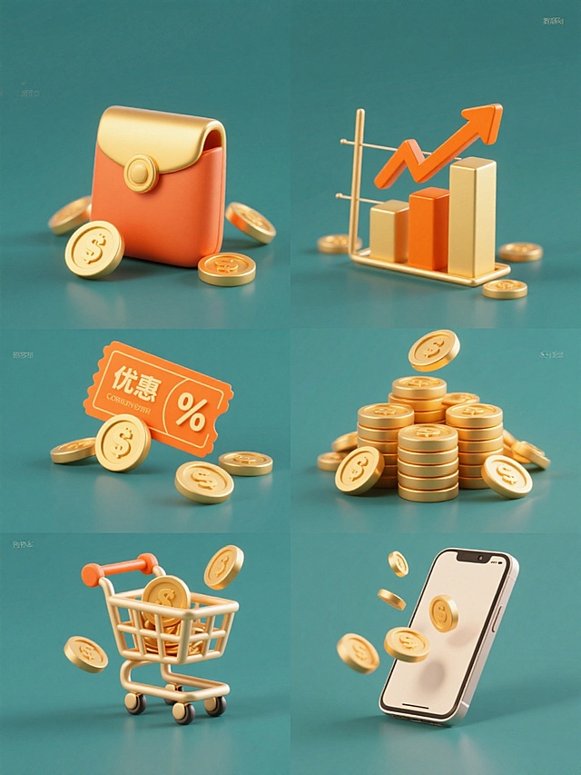 一套6张的系列素材集合，每张素材均为规整排布的单一元素图案，采用简约现代的3D立体图标风格，纯色背景，金色为主色调，搭配橙色点缀，光影效果柔和，具有细腻的渐变和高光质感，元素边缘清晰光滑，整体造型圆润精致。第一张图案为红包和金币的组合，红包呈立体展开状，金币环绕四周；第二张为数据图和金币的组合，柱状数据图向上增长，橙色箭头指示上升趋势，金币散落在数据图周围；第三张为优惠券和金币的组合，优惠券带有折扣标识，金币围绕优惠券均匀分布；第四张为一堆金币，金币堆叠成小山状，部分金币略微倾斜，展现层次感；第五张为购物车和金币的组合，购物车呈立体简约造型，金币从购物车中溢出或环绕四周；第六张为手机和金币的组合，手机屏幕朝上，金币从手机中飞出或在手机周围悬浮。所有元素均位于画面中心，排布规整，视觉焦点突出，保持高度一致的现代设计感和风格统一性。