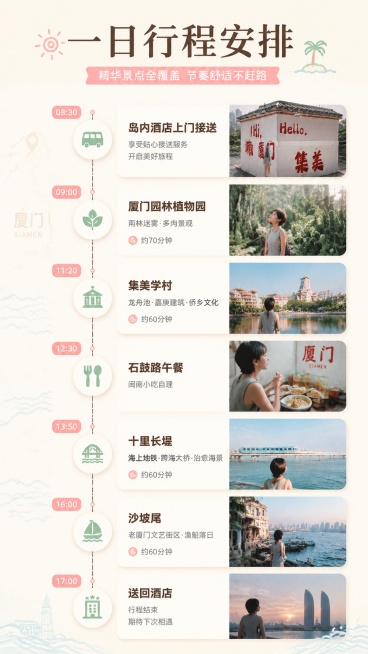 [第3屏] 行程安排页-厦门一日游全天时间轴流程。本屏使用【图1】作为人物和场景风格参考，提取日系清新色调、旅行氛围、厦门建筑海景元素。
[氛围/风格] 清新文艺风，时间轴式排版，旅行攻略手册质感，活预览效果