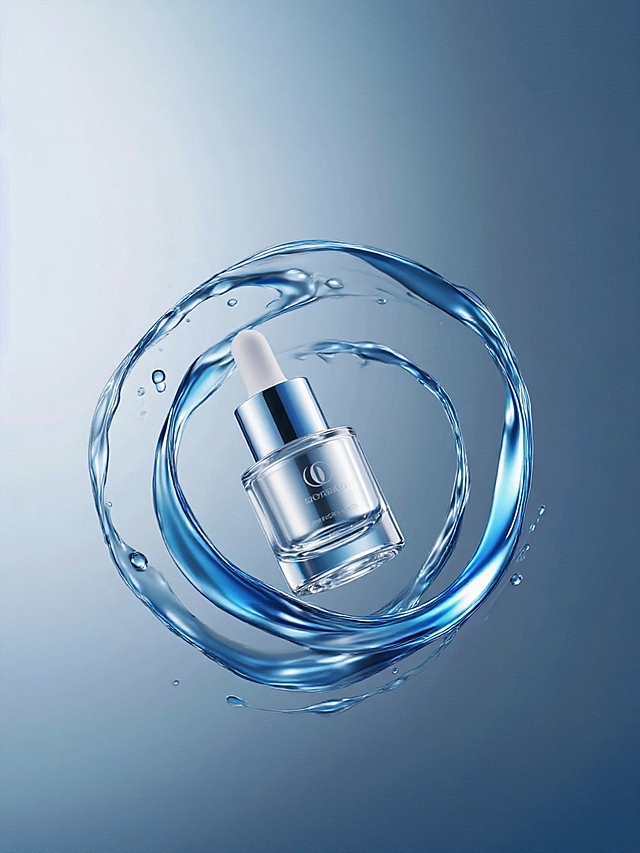 产品周围是曲线高光金属质感的蓝色流动液体、水滴，光线反射细腻，流动光影，背景浅蓝渐变
