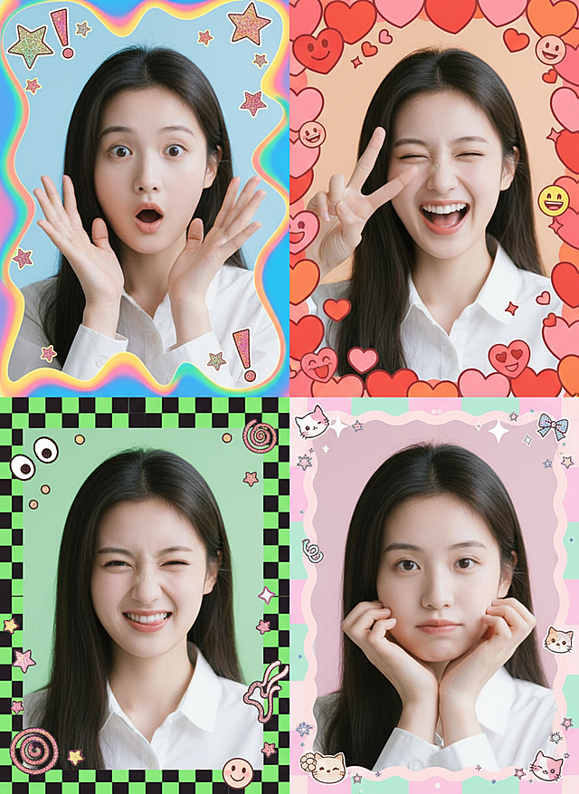 生成一组4张大头贴照片，每张照片都要有不同的表情和动作，动作要夸张，每张图的周边都是大头贴的边框和贴纸装饰