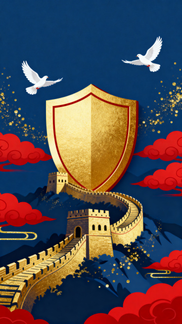 国潮风H5启动页背景，国潮插画风格，扁平化矢量图，画面中央是一座宏伟的金色长城剪影，前方有一个巨大的盾牌标志象征国家安全，天空中飞翔着白色的和平鸽，深蓝色底色，中国红点缀，红色祥云缭绕，金色线条装饰，预览效果
